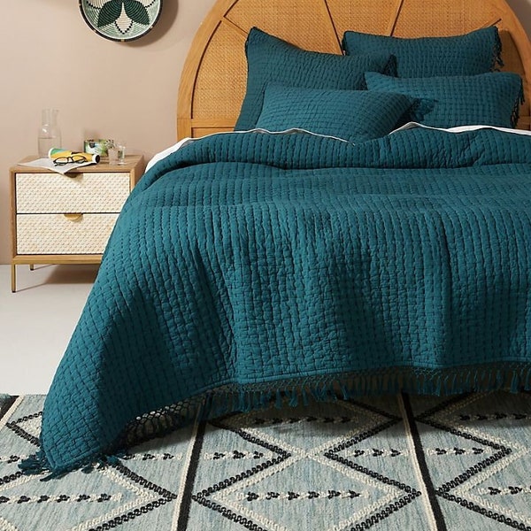 100% Cotton Teal Blue Solid Color Handmade Padded Kantha Quilt Bohemian Coverlet Comforter Indian Bedspread Tassels Quilt King/queen/Twin