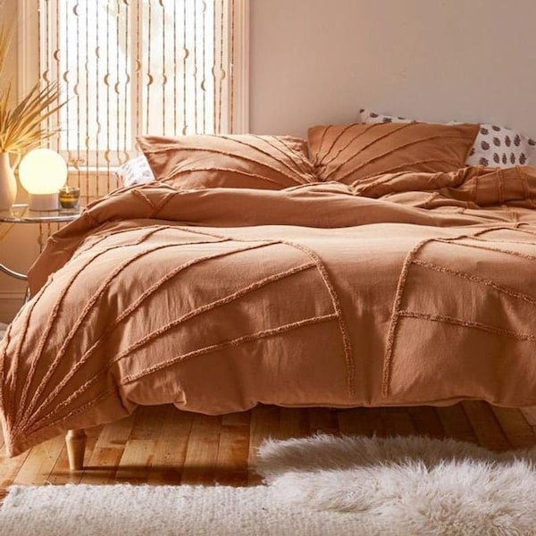 Burnt Orange Terracotta Tufted Cotton Duvet Cover Set, Boho Bedding Comforter Cover With Pillowcases Home Decor Down Duvet Cover Bedding Set