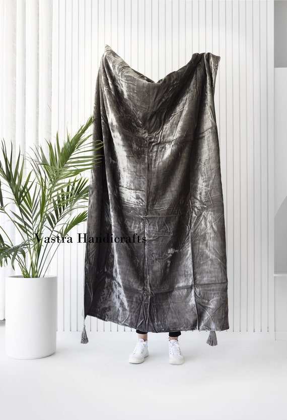Gray Velvet Throw Blanket With Tassels Soft Velvet Boho Throw Etsy
