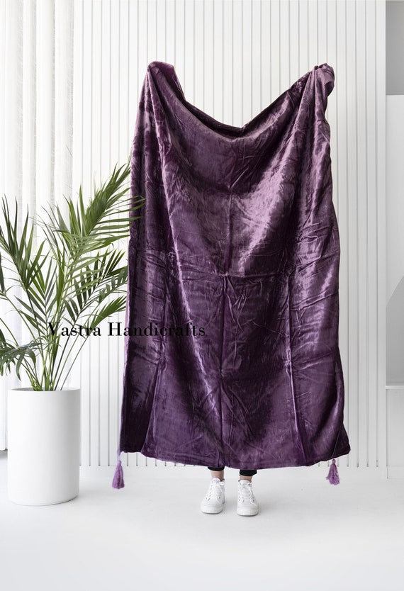 Purple Velvet Throw Blanket With Tassels Soft Velvet Boho Etsy