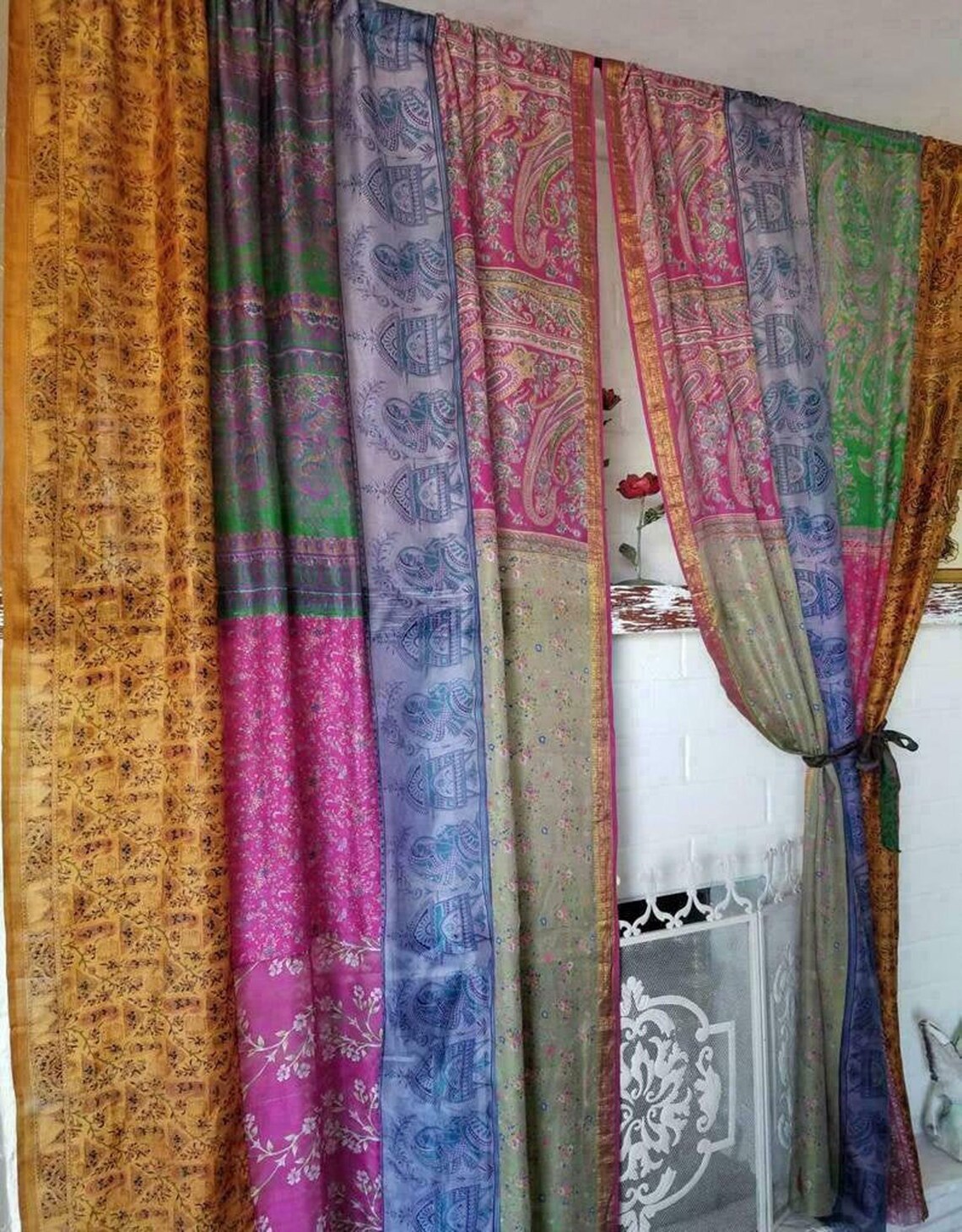 2 Pcs of Indian Curtain Silk Patchwork Curtain Sari Curtain Etsy