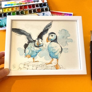 Acquerello originale | "Puffin in avvicinamento"
