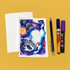 Astronaute raton laveur dans l’espace | Carte postale de Posca | Œuvre originale