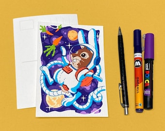 Lapin astronaute dans l’espace | Carte postale de Posca | Œuvre originale