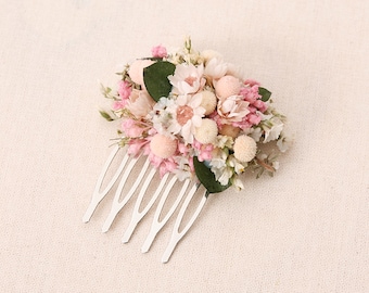 Headdress or hair comb mini made of real dried flowers Series Rosemariechen Rosa (Maxibrief)