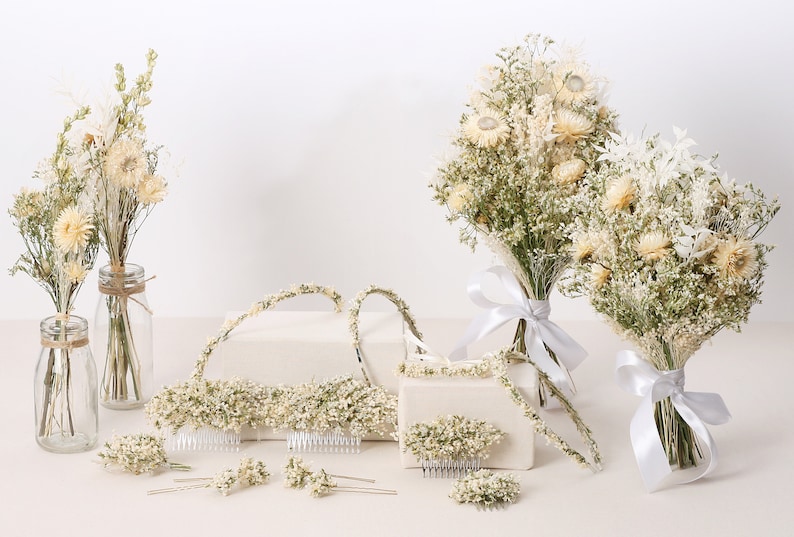 Horquilla hecha con flores secas reales de la serie crema blanca extra delicada y fina disponible en 2 tamaños maxi letra imagen 10
