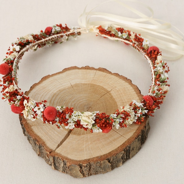 Orange-red head wreath, flower wreath, hair wreath, bridal wreath, dirndl wreath, headdress, dried flower wreath, (maxi letter) communion wreath