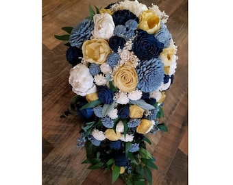 Gold Navy Bridal Bouquet made of Sola Wood Flowers, Yellow & Blue Cascading Flower Wedding Bouquet, Dusty Blue Bridesmaid Artificial Bouquet