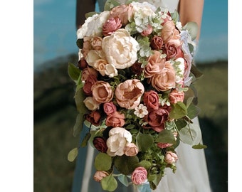 Pink Burgundy Bridal Bouquet, Blush Sola Wood Flower Wedding Bouquet, Dusty Rose Cascading Bouquet, Cascade Cottagecore Pink Wedding Flowers