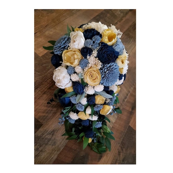 Gold Navy Bridal Bouquet made of Sola Wood Flowers, Yellow & Blue Cascading Flower Wedding Bouquet, Dusty Blue Bridesmaid Artificial Bouquet