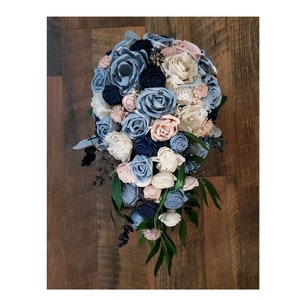 Dusty Blue Pink Navy Bridal Bouquet, Blue Pink Sola Wood Cascade Bridal Bouquet, Dusty Blue Pink Wedding Flowers, Blush Blue Cascade