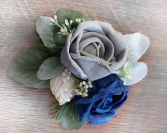 Blue Gray Wrist Corsage made of Sola Wood Flowers for Wedding Prom & Homecoming, Navy Blue Rose Wedding Flowers, Mother of the Bride Groom