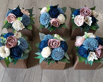 6PC Mauve Centerpieces made of Navy Dusty Blue Sola Wood Flowers for Wedding Party Events, Dark Pink Flower Table Decor Bulk Centerpiece