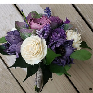 Purple Wildflower Bridesmaid Bouquet, Wedding Sola Wood Flowers, Artificial Purple & Ivory White Bridal Bouquet, Fairy Wedding Flowers