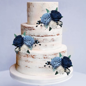 Navy Dusty Blue & White Wedding Cake Flowers made of Sola Wood, Reusable Wooden DIY Cake Flowers, Graduation Cake Decor, Blue Cake Topper