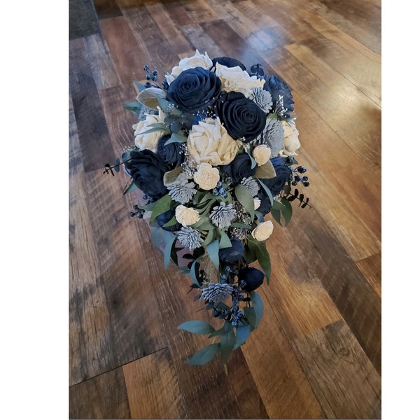 Blue Wedding Bouquet 16PC Set, Dusty Blue Cascade Bridal Bouquet, Navy Blue Bridesmaid Bouquets, Wedding Package made of Sola Wood Flowers