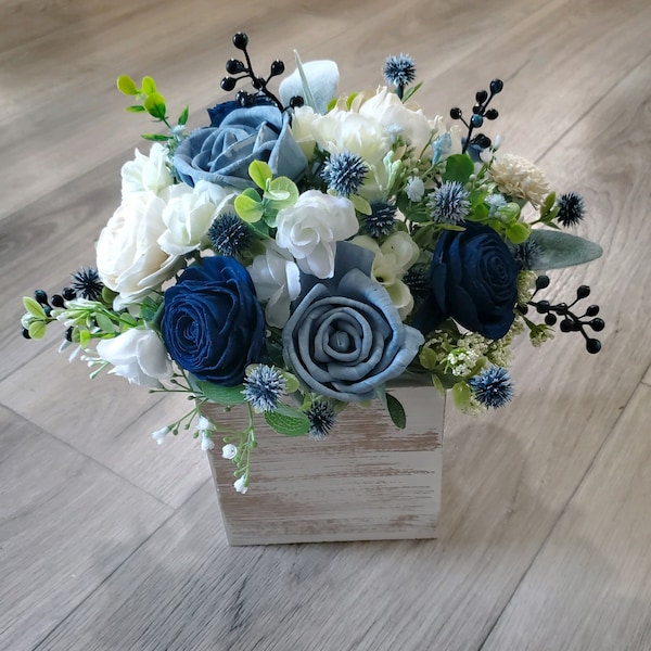 Dusty Blue Navy White Sola Wood Flower Centerpiece, Blue Table Decor, Farmhouse Flower Arrangements, Navy Dusty Blue Wedding Centerpiece