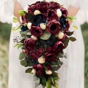 Moody Bridal Cascade Wedding Bouquet Burgundy & Navy Blue Sola Wood Custom Cascading Flowers Bridesmaid Groom Boutonniere Corsages Decor