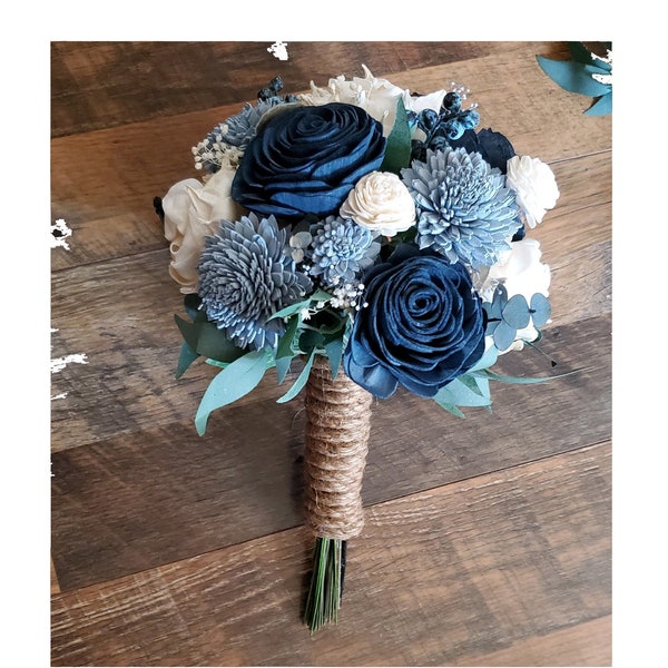 2PC Blue Bridal Bouquet & Boutonniere Set made of Sola Wood Flowers, Dusty Blue Navy Bridesmaid Nosegay for Intimate Wedding Prom Homecoming