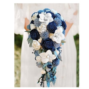 White Lily Dusty Blue Navy Sola Wood Cascade Bridal Bouquet, Blue White Wedding Flower Bouquet, Blue Cascading Bouquet, Wedding Flowers