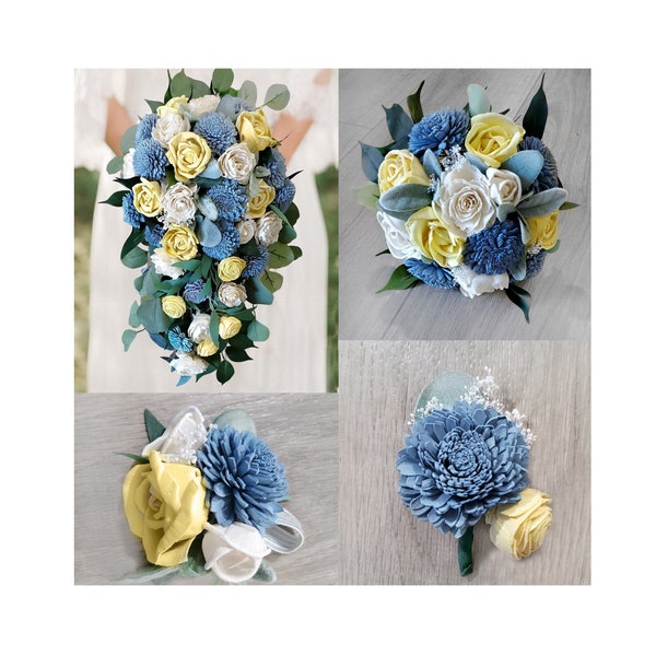 Dusty Blue Yellow Wedding Bouquet Sola Wood Flowers, Bridal Cascade Bridesmaids Groom Boutonniere Corsages for Mother of the Bride Father