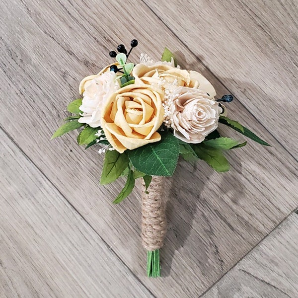 Yellow Rose Bridesmaid Bouquet, Sola Wood Wedding Flowers, Cottagecore Garden Wedding Nosegay, Flower Girl Bouquet for Mother of the Bride