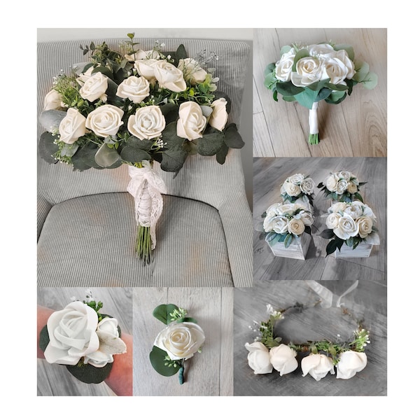 White Rose Wedding Bouquet Collection Sola Wood Flower Bridal Ivory Bridesmaid Mother BOHO Corsage Groom Boutonniere & Reception Cake Decor