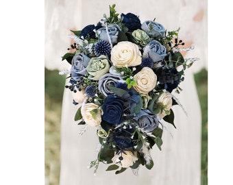 BOHO Blue Bridal Bouquet with Navy Dusty Blue Sage Sola Wood Cascading Flowers & Thistle for Wedding, Natural Rose Flower Cascade Bouquet