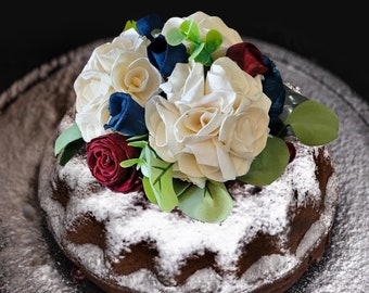 Bundt Cake Flower Topper, Wedding Bundt Cake Flowers made of Sola Wood, White Ivory Burgundy & Navy Hydrangea Eucalyptus Holiday Cake Decor