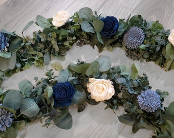Dusty Blue Navy Wedding Garland Eucalyptus Greenery & Sola Wood Flowers for Arch Decor, Sweetheart Head Table Runner Flower Girl Flowers