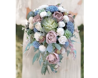 Succulent Rose Bridal Bouquet, Pink & Dusty Blue BOHO Cascade Wedding Bouquet, Mauve Sola Wood Flower Bouquet, Faux Bridesmaid Groom Flowers
