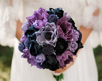 Purple & Black Bridal Bouquet, Purple Sola Wood Flower Bouquet, Halloween Wedding Bouquet, Purple Bridesmaid Bouquet, Purple Wedding Flowers