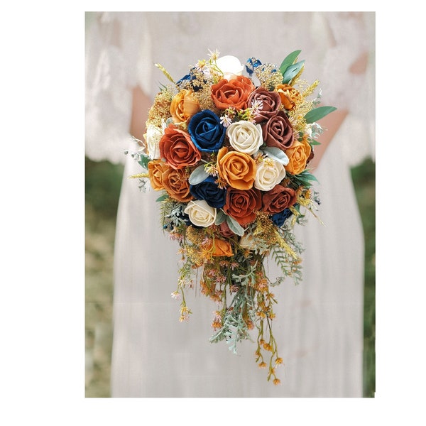 BOHO Fall Bridal Bouquet, Burnt Orange & Navy Sola Wood Rose Cascading Wedding Bouquet, Artificial Wedding Cascade in Fall Color Flowers