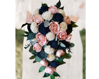 Navy Rose Gold Wedding Cascade Sola Wood Flower Cascading Bridal Bouquet Pink Natural Wedding Bridesmaid Bouquets Corsages & Boutonnieres