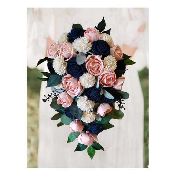 Navy Rose Gold Wedding Cascade Sola Wood Flower Cascading Bridal Bouquet Pink Natural Wedding Bridesmaid Bouquets Corsages & Boutonnieres