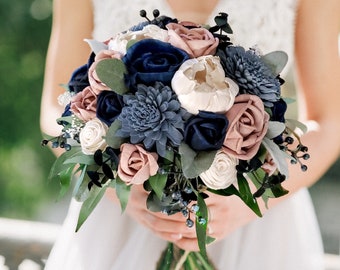 navy bridesmaid dresses pink flowers Navy Bridesmaid Dresses and Pink Bouquets