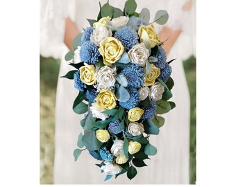 Dusty Blue & Yellow Sola Wood Cascading Bridal Bouquet, Blue Yellow Wedding Flowers, Bridesmaid Bouquets, Blue Wood Flower Wedding Bouquets