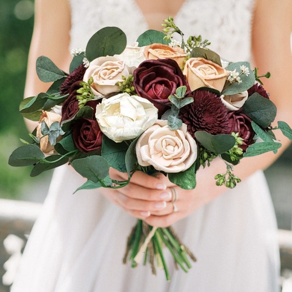 Burgundy Blush Wedding Bouquet, Bridal Bouquet made of Pink & Peach Sola Wood Flower Roses, Bridesmaid Flowers Corsages Boutonnieres Prom