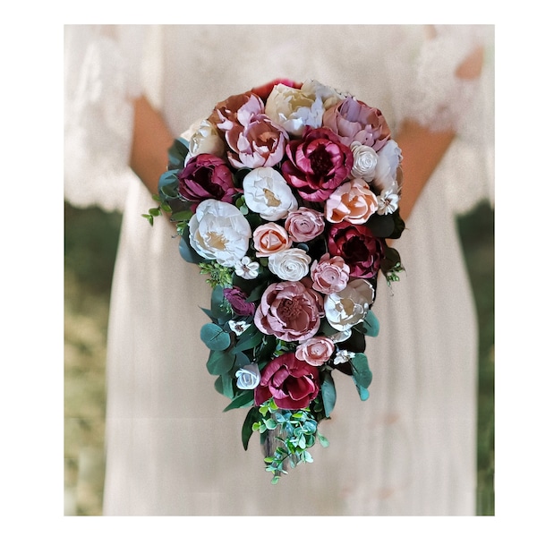 Burgundy Blush Pink Cascading Bridal Bouquet Sola Wood Flower Wedding Cascade, Bridesmaid Bouquet Dusty Rose Mauve Boutonniere Rose Corsage