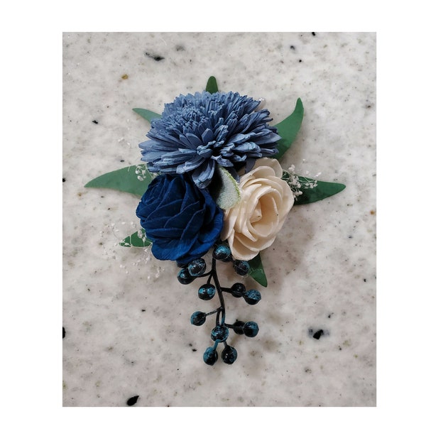 Dusty Blue Navy White Sola Wood Pin on or Wrist Corsage, Blue Mother of the Bride Flower, Blue Wedding Corsage, Prom Flower Corsage Keepsake