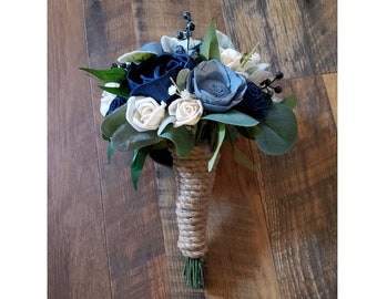 Navy Dusty Blue Bouquet Thistle Ball Sola Wood Flowers, Bridesmaid Flower Girl Mother of the Bride & Prom Nosegay, Rustic Wedding Flowers