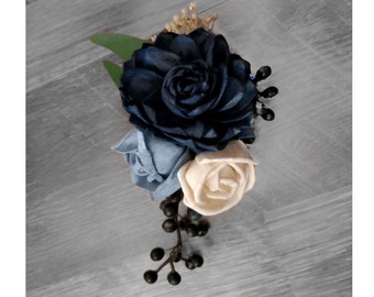 Navy Dusty Blue Corsage Sola Wood Flower for Mother of the Bride, Artificial Pin on or Wrist Corsage for Wedding Prom Homecoming Grandmother