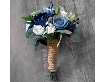 Dusty Blue Thistle Bridesmaid Wedding Bouquets, Navy Blue Sola Wood Nosegay for Flower Girl Mother of the Bride Prom Homecoming Boutonniere