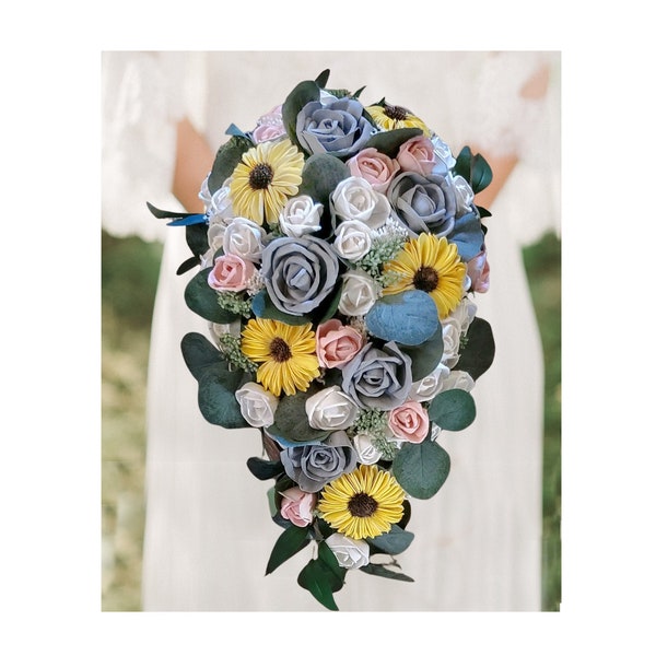 Sunflower Wedding Bouquet Blush Pink Sola Wood Rose Eucalyptus Bridal Cascade Whimsical BOHO Yellow Bridesmaid Boutonnieres & Prom Corsages