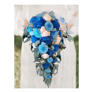 Tropical Blue Bridal Bouquet Cascading Sola Wood Wedding Flowers, Destination Beach Ceremony Cascade for Bride, Bright Bridesmaid Bouquets