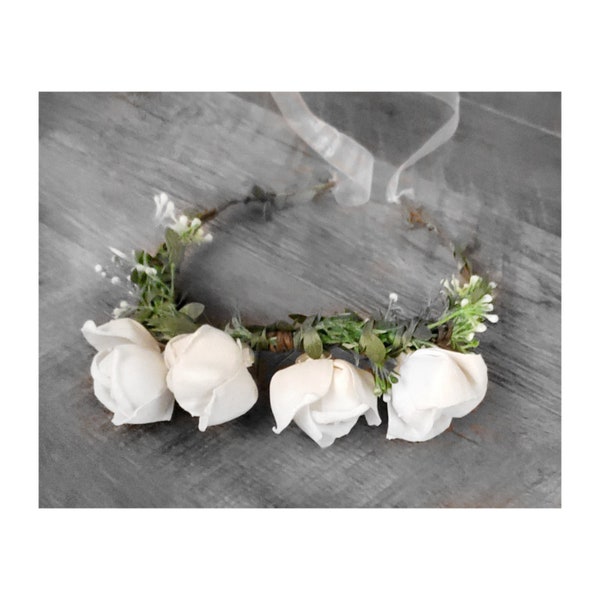 White Flower Girl Crown Sola Wood Rose Flowers Eucalyptus Greenery, Child Adjustable Size Hair Flower Headband for Wedding Party Bridesmaid