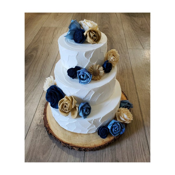 Dusty Blue Wedding Cake Flowers, 16PC Reusable Navy Blue & Tan Dessert Flower Decoration Set, Natural Sola Wood Flowers for BOHO Cake Decor