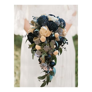 Navy & Dusty Blue Bridal Bouquet, Cascading Blue Sola Wood Wedding Bouquet, Blue Wedding Bride Flowers, Artificial Cascade Flower Bouquet