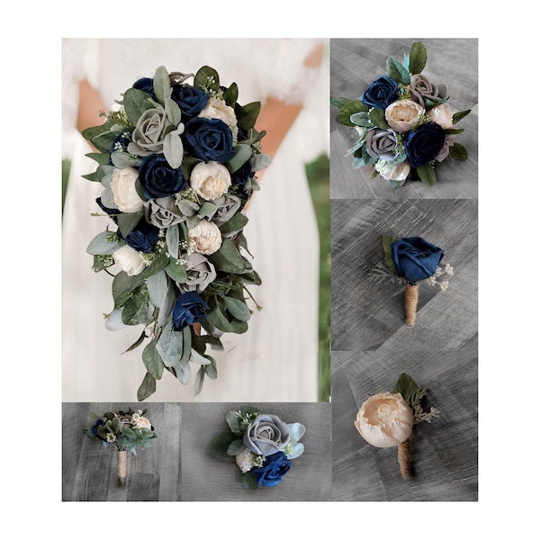 Navy Blue Wedding Bouquet Flowers & Silver Gray Sola Wood Roses, Artificial Cascade Bridal Bouquet Bridesmaid Toss Boutonniere Corsage Decor