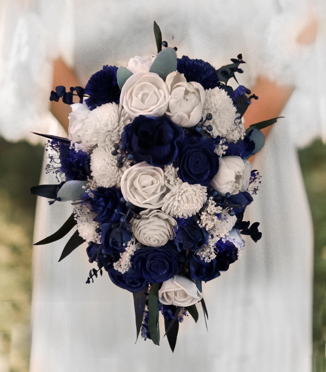 Navy Sola Wood Teardrop Bridal Bouquet for Weddings, Natural